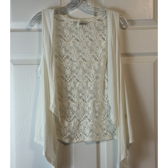Derek Heart Womens White Open‎ Cardigan Crochet Back Sz L Sleeveless Boho - Picture 1 of 8